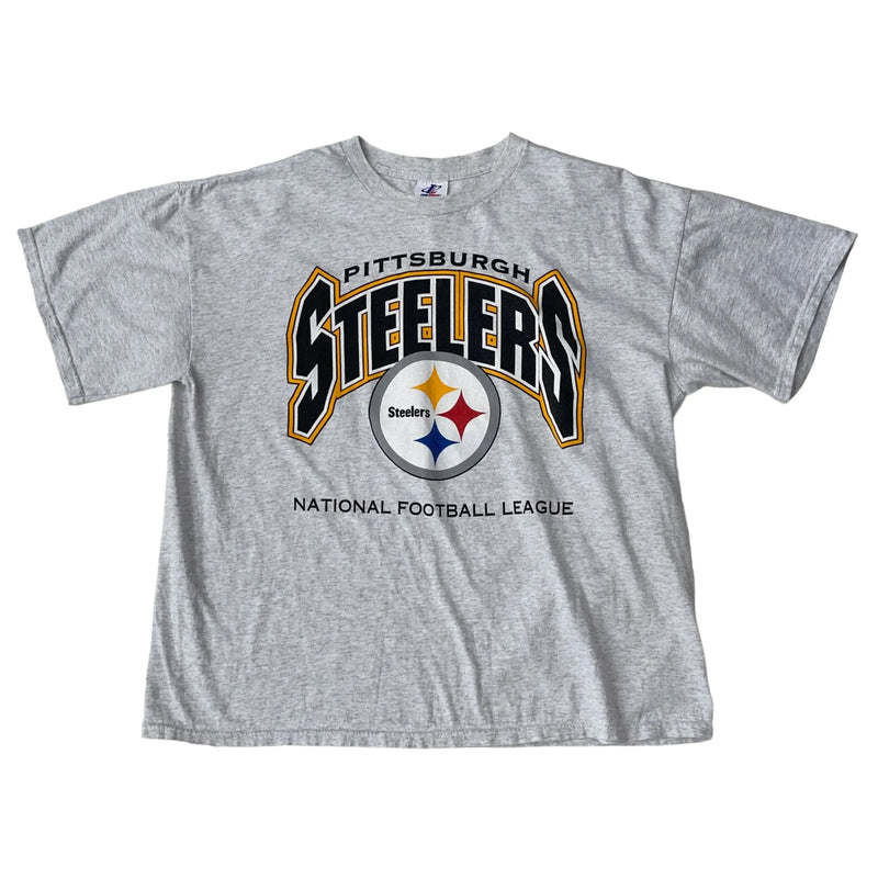 Vintage Logo Athletics Pittsburgh Steelers Logo And Text Front Print, Soft Fabric T-shirt Gray Size