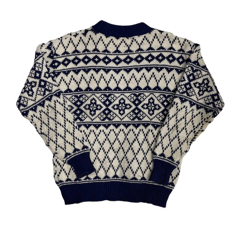 Vintage The Woolrich Woman Norwegian-style Geometric Pattern, Ribbed Cuffs And Collar, Navy And White Knit Sweater Navy Size