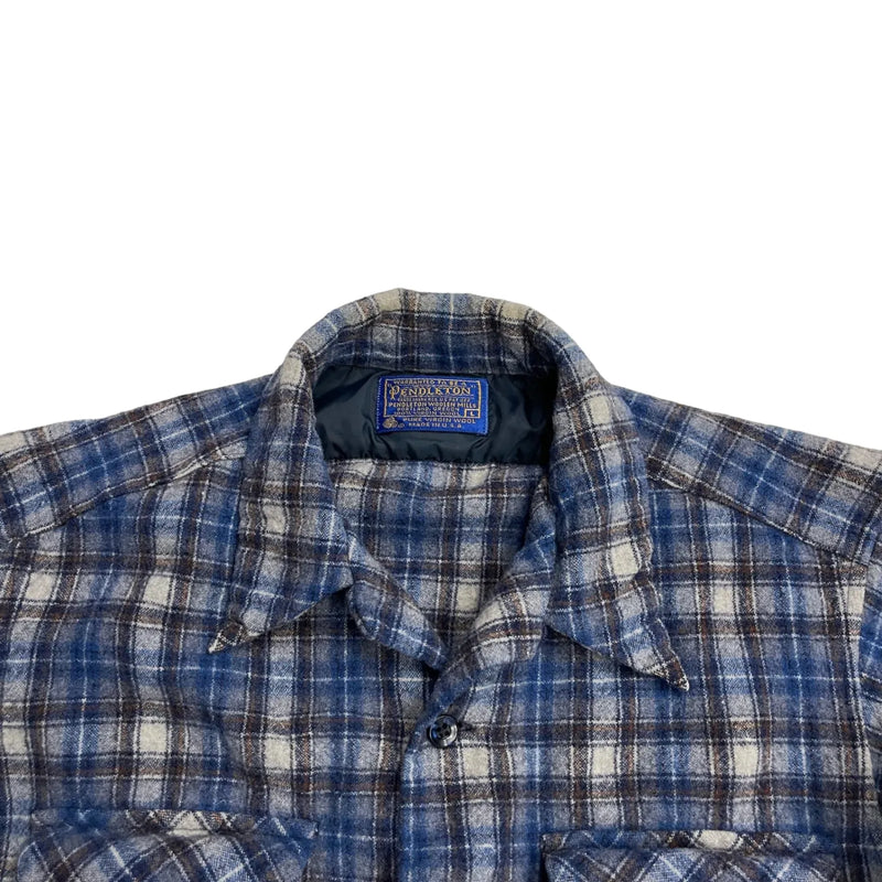 Vintage Pendleton Blue Plaid Pattern, Wool Button-down Design, Flannel Fabric, Classic Collar. Shirt Blue Size Large