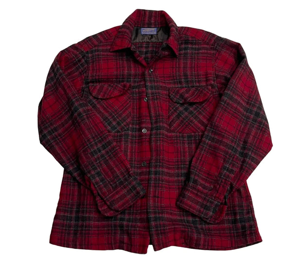 Vintage Pendelton Red And Black Plaid, Button-up, Long Sleeves, Dual Chest Pockets, Vintage Flannel Style Shirt Red Size Medium