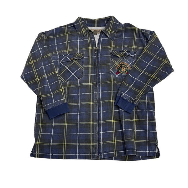 Vintage J.U.M.P. Garments Blue Plaid Flannel Shirt With Yellow And White Checkered Pattern, Zipper Front, Embroidered Chest Pocket Detailing, Buttoned Cuffs. Shirt Blue Size