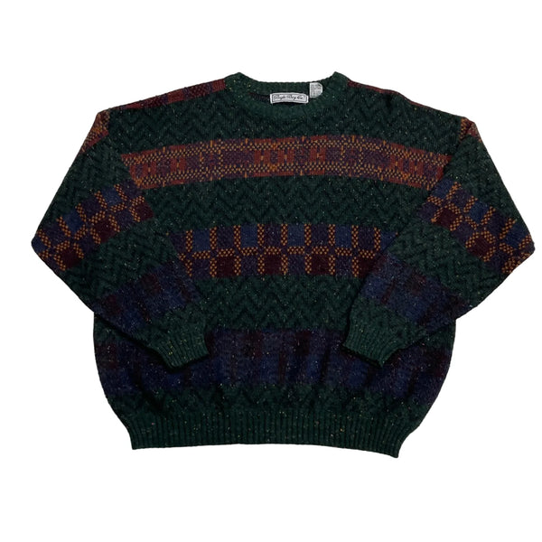 Vintage Bugle Boy Co. Multicolor Pattern With Unique Zigzag And Geometric Stripes. Sweater Green Size