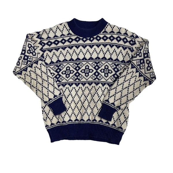 Vintage The Woolrich Woman Norwegian-style Geometric Pattern, Ribbed Cuffs And Collar, Navy And White Knit Sweater Navy Size