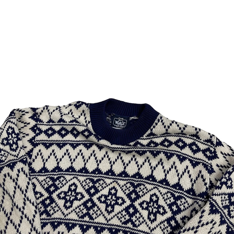 Vintage The Woolrich Woman Norwegian-style Geometric Pattern, Ribbed Cuffs And Collar, Navy And White Knit Sweater Navy Size