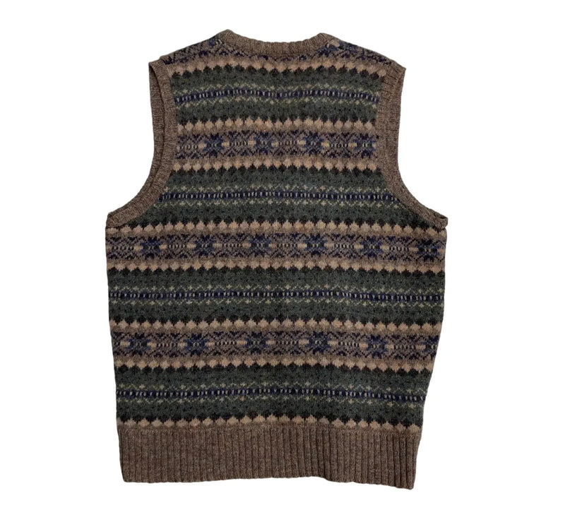 Vintage Lands' End Fair Isle Pattern, Shetland Wool, V-neck, Ribbed Hem Sweater Vest Multicolor Size Extra Large