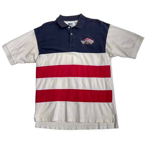 Vintage Main Gate Polo Shirt With Embroidered Logo And Horizontal Stripes. The Main Body Is White With Bold Red Stripes, And The Top Section Is Navy Blue. Polo Shirt Multicolor Size Large