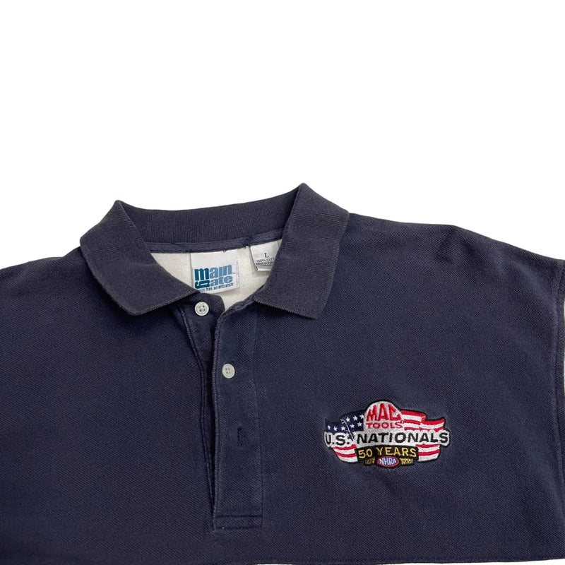 Vintage Main Gate Polo Shirt With Embroidered Logo And Horizontal Stripes. The Main Body Is White With Bold Red Stripes, And The Top Section Is Navy Blue. Polo Shirt Multicolor Size Large