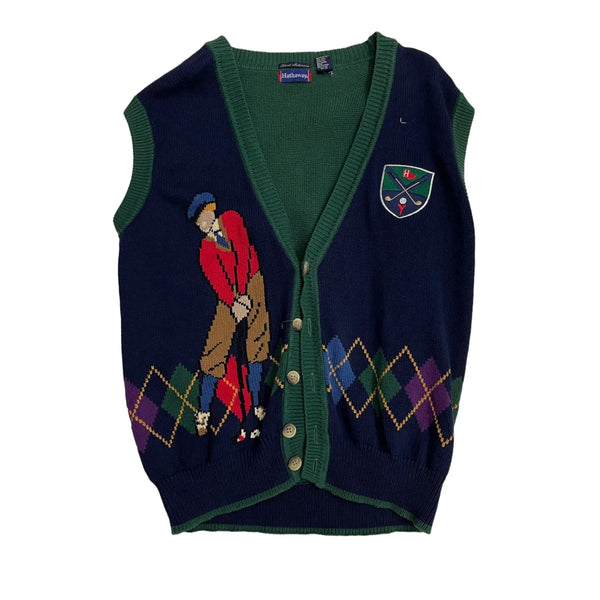 Vintage Hathaway Knit Sweater Vest With Golfer Motif And Argyle Pattern, Shield Emblem On Chest, Button Closure. Sleeveless Sweater Vest Green Size