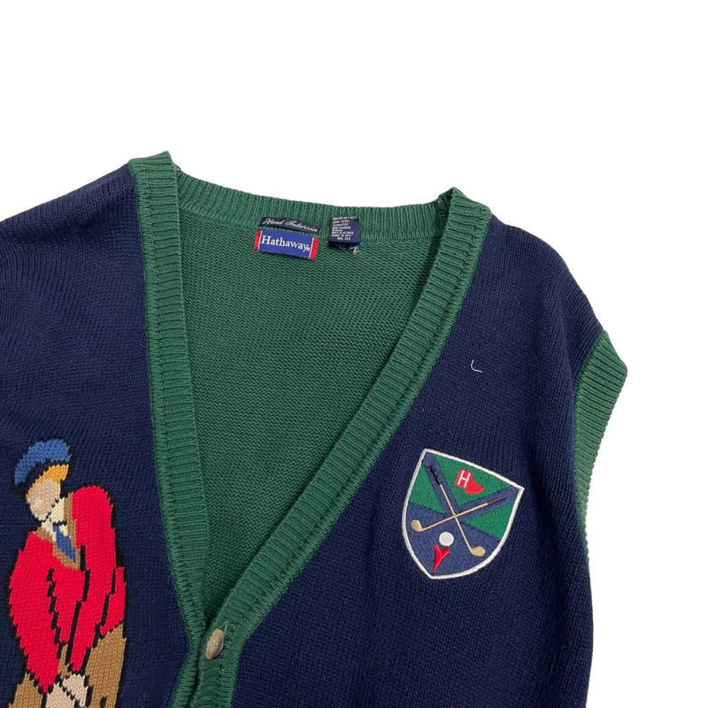 Vintage Hathaway Knit Sweater Vest With Golfer Motif And Argyle Pattern, Shield Emblem On Chest, Button Closure. Sleeveless Sweater Vest Green Size