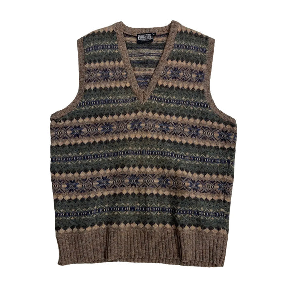 Vintage Lands' End Fair Isle Pattern, Shetland Wool, V-neck, Ribbed Hem Sweater Vest Multicolor Size Extra Large