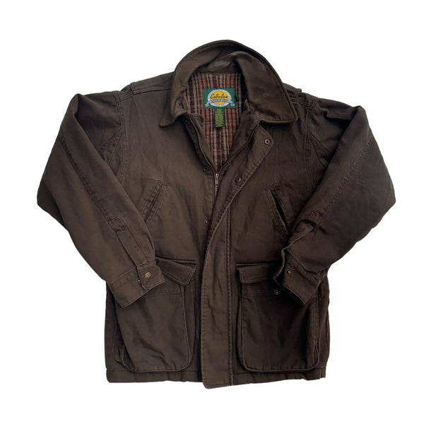 Vintage 90's Cabela's Rugged Design With Multi-pocket Layout, Plaid Lining, Embroidered Brand Logo On The Back. Jacket Brown Size