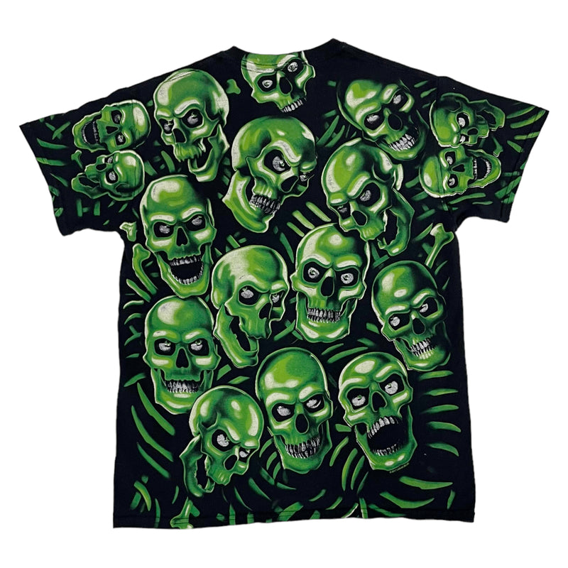 Vintage Liquid Blue Green Skull Black Graphic T-Shirt