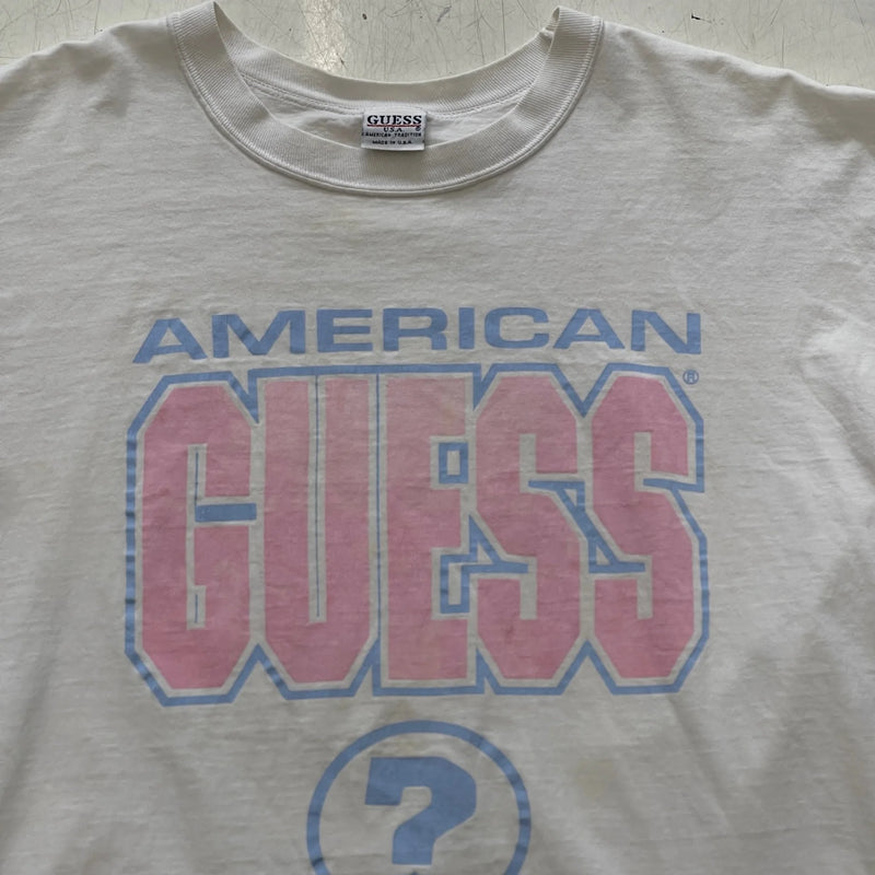 Vintage GUESS Retro 'American GUESS Knitwear' Print In Blue And Pink, Crewneck, Short Sleeves T-shirt White Size Extra Large