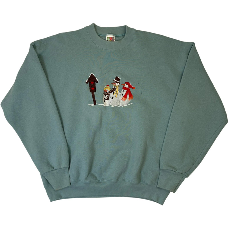 Vintage Y2K Fruit Of The Loom Snowmen Winter Crewneck Sweatshirt Green Size L