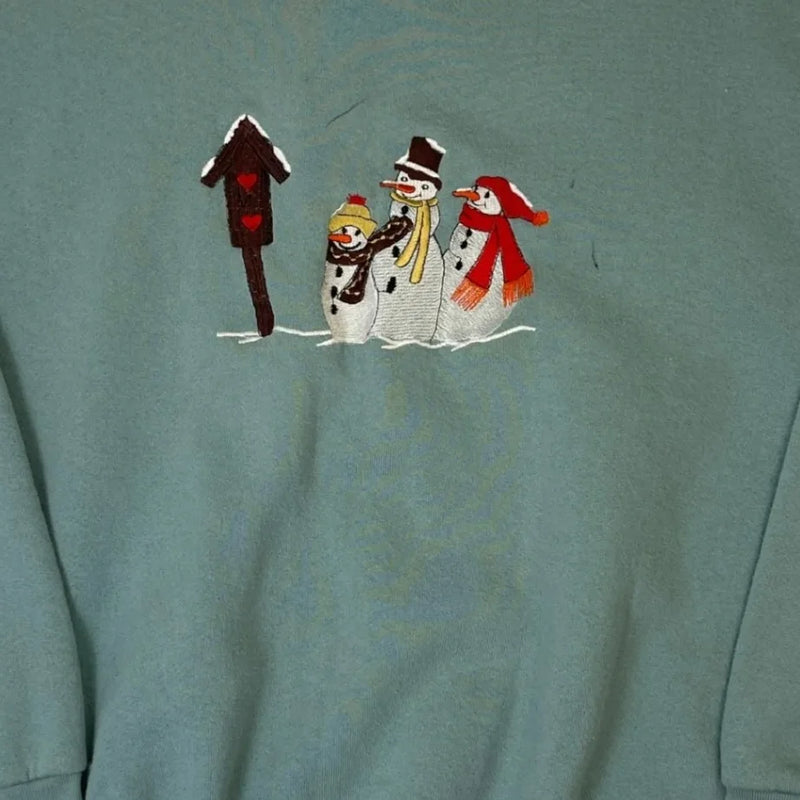 Vintage Y2K Fruit Of The Loom Snowmen Winter Crewneck Sweatshirt Green Size L