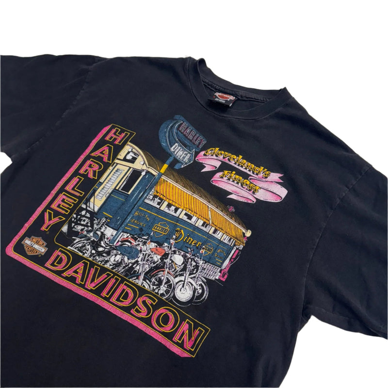 Vintage Harley Davidson Features A Harley Davidson Graphic With Engine Illustration And Vibrant Text In Orange And White. T-Shirt Black Size Large