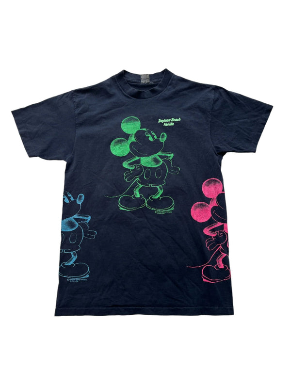 Vintage 90s Disney Featuring Colorful Graphic Print Of Mickey Mouse In Neon Green, Pink, And Blue; Text Says 'Daytona Beach Florida' T-shirt Black Size Extra Large