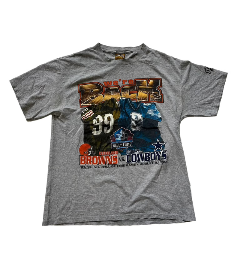 Vintage Nutmeg NFL Graphic Tee With Football Theme, Featuring 'We're Back' Text, Dallas Cowboys Vs Cleveland Browns 1999 AFC Hall Of Fame Game T-shirt Grey Size Large