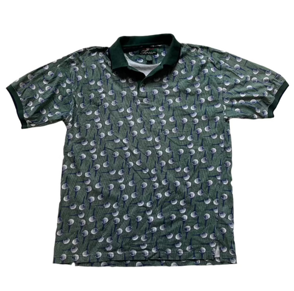 Vintage 90s Tail Golf-themed Print With Golf Balls And Tees; Short Sleeves; Ribbed Collar In Dark Green Contrasting Fabric T-Shirt Green Size Large