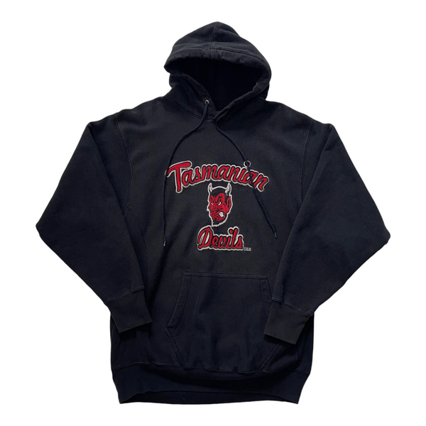 Vintage Steve & Barry's Hooded Sweatshirt With 'Tasmanian Devils' Graphic, Red And White Embroidery, Drawstring Hood, Kangaroo Pocket. Sweater Black Size Medium