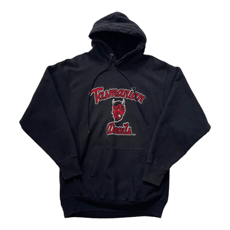 Vintage Steve & Barry's Hooded Sweatshirt With 'Tasmanian Devils' Graphic, Red And White Embroidery, Drawstring Hood, Kangaroo Pocket. Sweater Black Size Medium