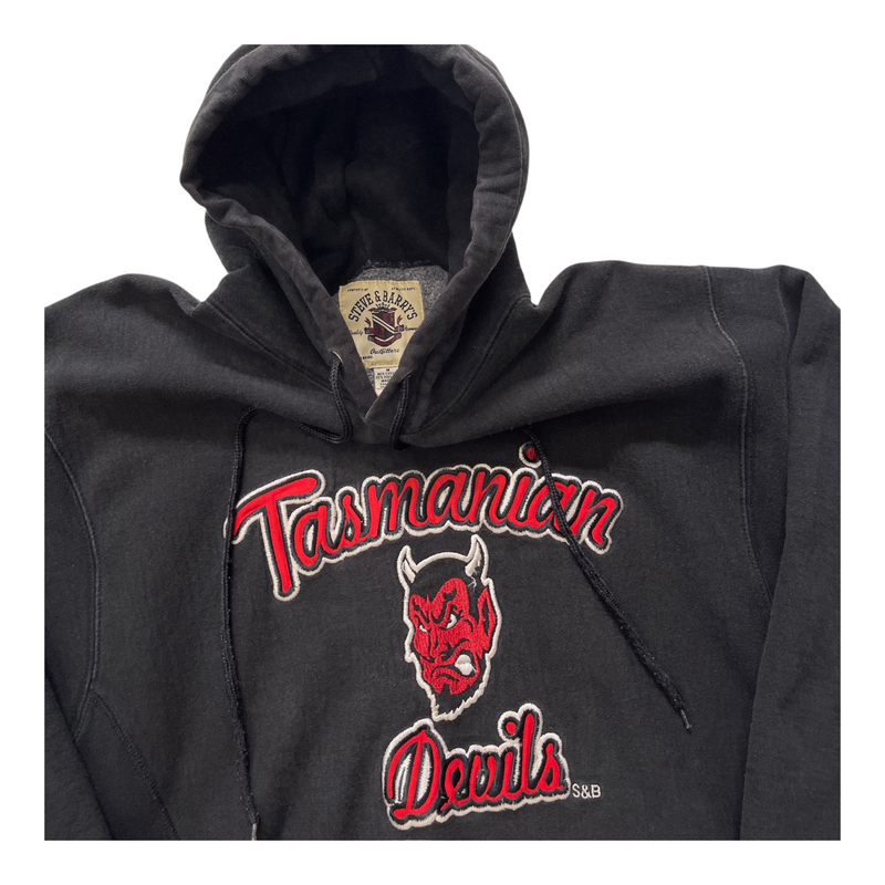 Vintage Steve & Barry's Hooded Sweatshirt With 'Tasmanian Devils' Graphic, Red And White Embroidery, Drawstring Hood, Kangaroo Pocket. Sweater Black Size Medium