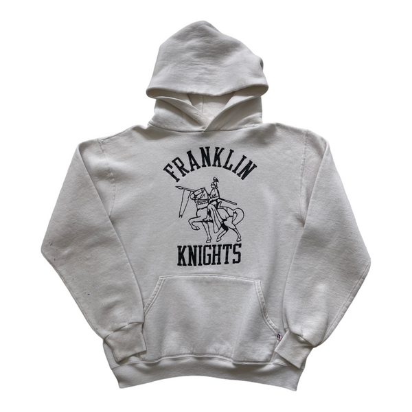 Vintage Russell Athletic White Hoodie With 'Franklin Knights' Graphic, Medieval Knight Image, Front Pocket, Ribbed Cuffs And Hem. Sweater White Size Medium