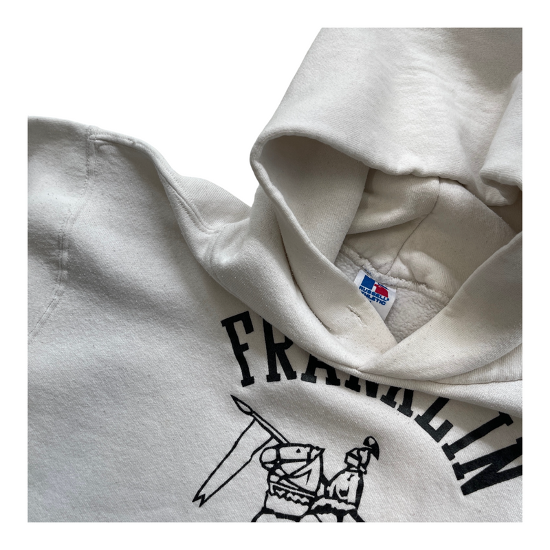 Vintage Russell Athletic White Hoodie With 'Franklin Knights' Graphic, Medieval Knight Image, Front Pocket, Ribbed Cuffs And Hem. Sweater White Size Medium