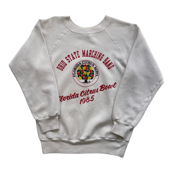 Vintage 80s NCAA Champion Ohio State Marching Band Sweatshirt With Florida Citrus Bowl Text and Logo, Ribbed Cuffs And Hem, Raglan Sleeves Sweater White Size Small