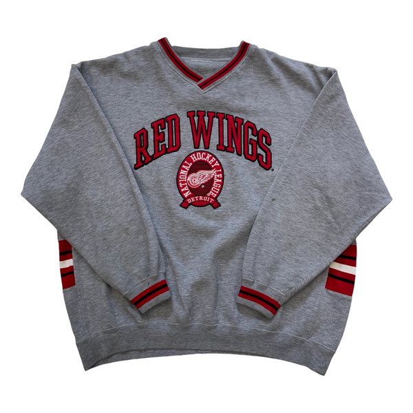 Vintage 90s NHL Detroit Red Wings Lee Sport Gray Sweatshirt With Red V-neck And Striped Sleeve Cuffs Sweater Gray Size Extra Large