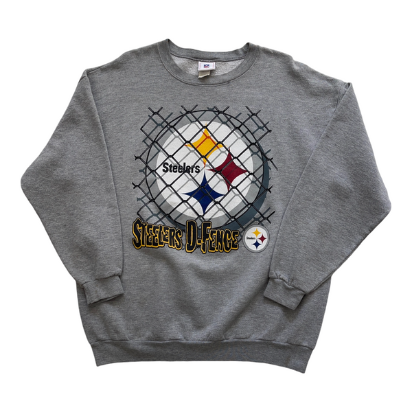 Vintage 2000s NFl Graphic Print With Team Logo And 'Steelers D-Fence' Text, Ribbed Cuffs And Hem, Crew Neck. Sweatshirt Gray Size Large