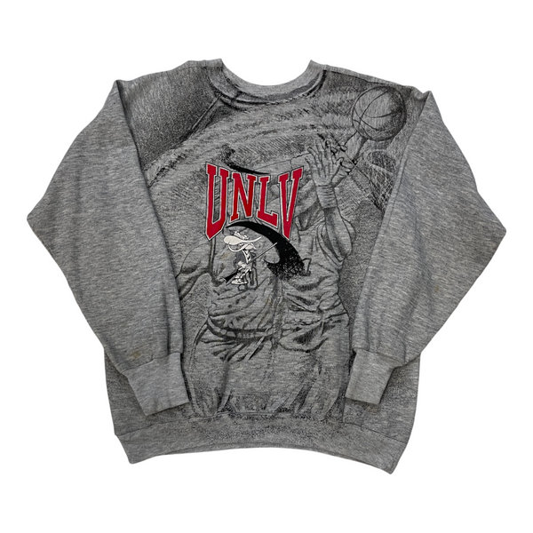 Vintage 90s NCAA UNLV Basketball AOP Signal Gray Sweatshirt Ribbed Cuffs And Hem. Sweater Gray Size Large