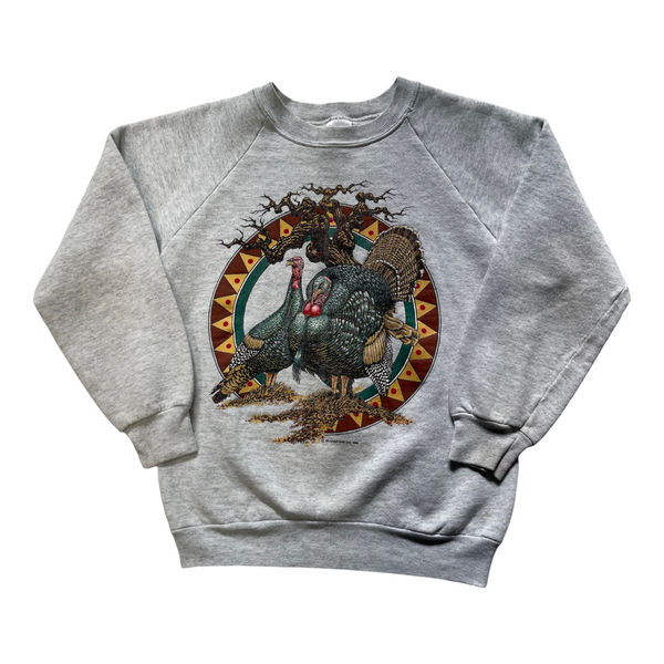 Vintage Fruit Of The Loom Vintage Sweatshirt With Turkey Graphic, Circular Pattern, Crew Neck, Raglan Sleeves. Sweater Gray Size Small