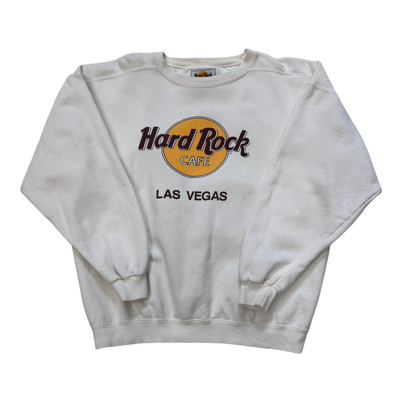 Vintage 90s Hard Rock Cafe Las Vegas Text In Yellow And Black Print On White Fabric. Sweater White Size Extra Large