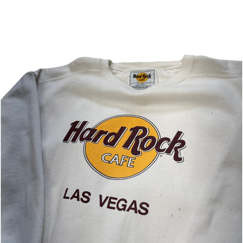 Vintage 90s Hard Rock Cafe Las Vegas Text In Yellow And Black Print On White Fabric. Sweater White Size Extra Large