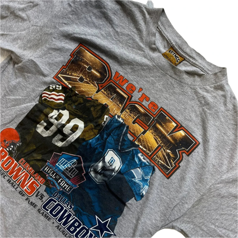 Vintage Nutmeg NFL Graphic Tee With Football Theme, Featuring 'We're Back' Text, Dallas Cowboys Vs Cleveland Browns 1999 AFC Hall Of Fame Game T-shirt Grey Size Large