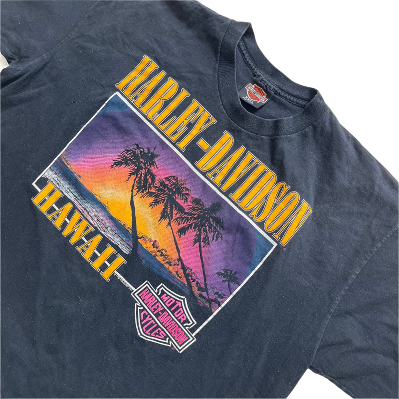 Vintage Harley-Davidson Harley-Davidson Hawaii Print With Sunset And Palm Trees T-shirt Black Size 3XL