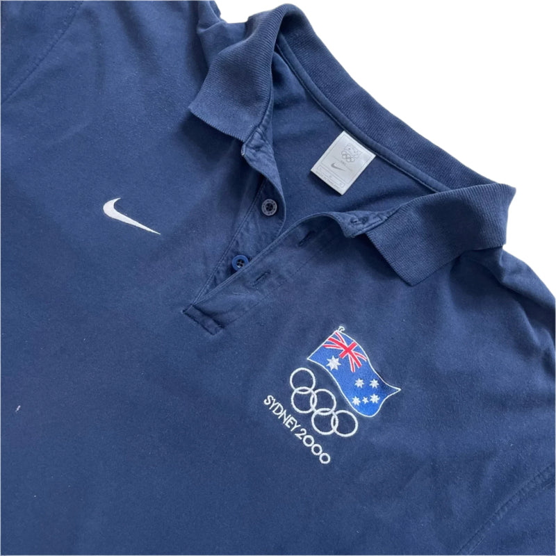 Vintage Y2K Nike Embroidered Sydney 2000 Olympic Logo And Flag, Nike Swoosh, Three Star Accents On Sleeve Polo Shirt Navy Size Large