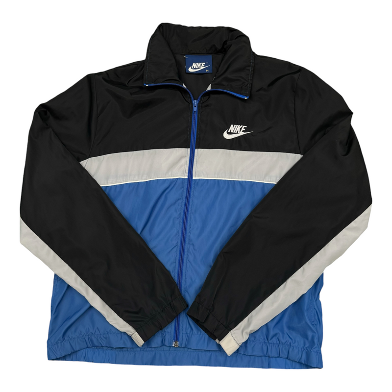 Vintage Nike Color Block Design With Black, Blue, And Gray Sections, Full Zip, Stand-up Collar, Embroidered Nike Logo. Jacket Multicolor Size Medium