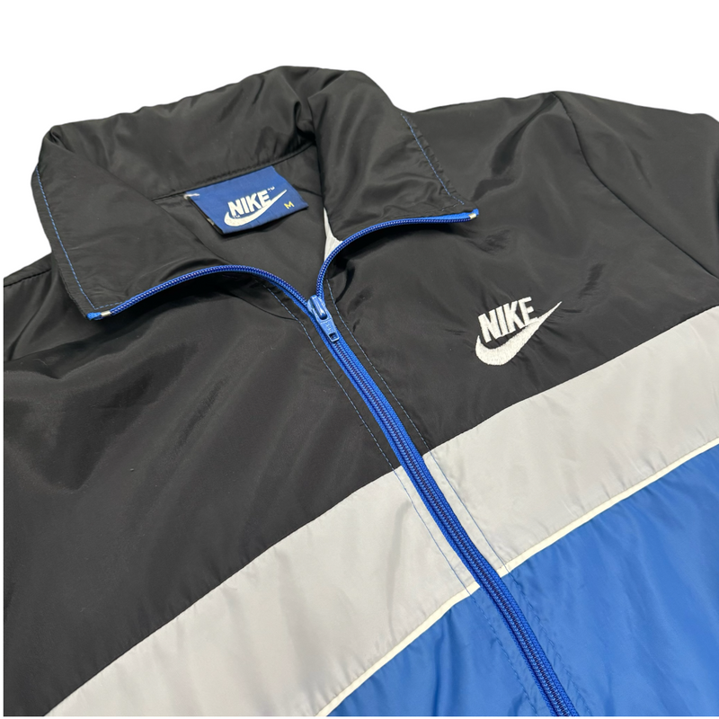 Vintage Nike Color Block Design With Black, Blue, And Gray Sections, Full Zip, Stand-up Collar, Embroidered Nike Logo. Jacket Multicolor Size Medium