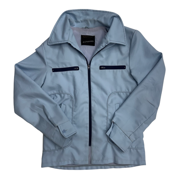 Vintage JCPenney Light Blue Jacket With Dark Zipper Details, Chest Pockets, Structured Collar. Jacket Blue Size Medium