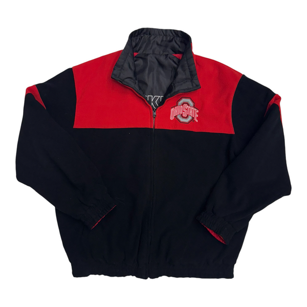 Vintage NCAA Red And Black Color Block Design, Ohio State Logo On Front, 'BUCKEYES' Text On Back, Full Zip, High Collar, Elastic Cuffs. Jacket Red Size Large