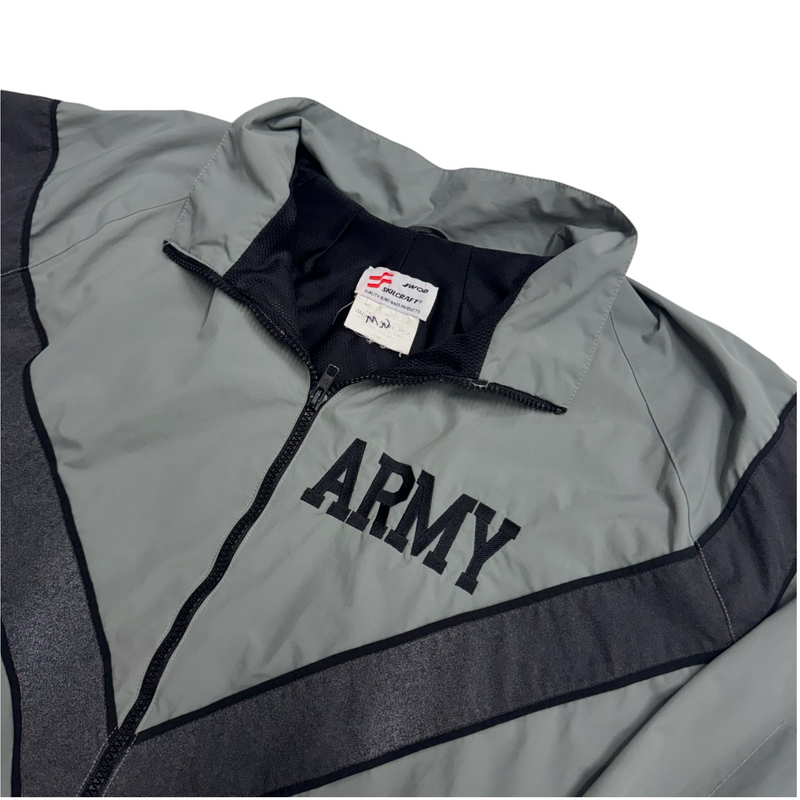 Vintage Skillcraft US Army Windbreaker With V-shaped Black Stripe And 'ARMY' Text, Lightweight Fabric. Jacket Gray Size Medium