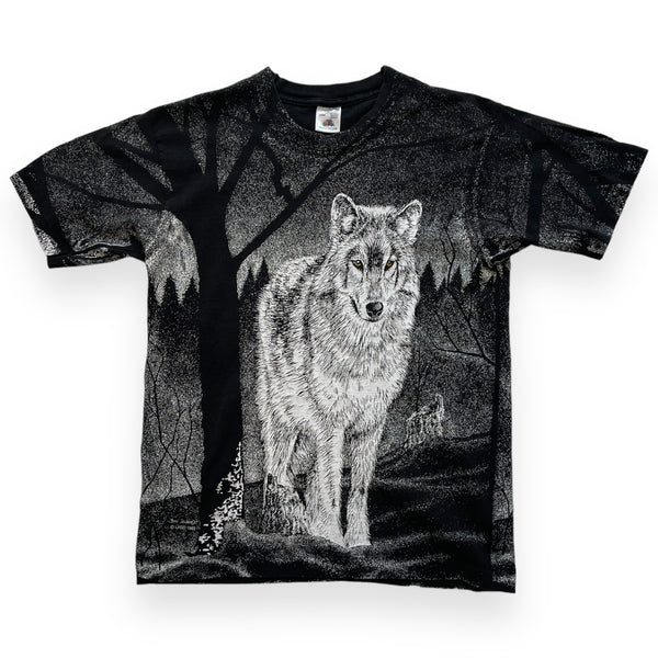 Vintage 90s Wolf Outdoors AOP Double Sided Print T-Shirt Black Size Medium