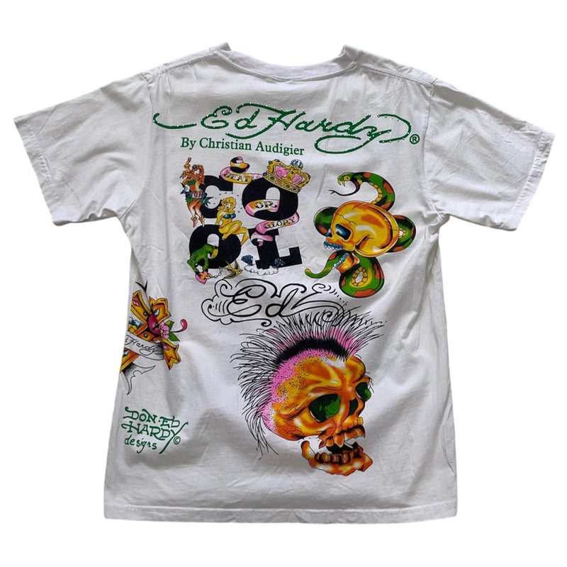 Vintage Y2K Ed Hardy Graphic Print With Tattoo-inspired Elements, Including A Skull And Pin-up Girl, On White Fabric. T-shirt White Size Medium