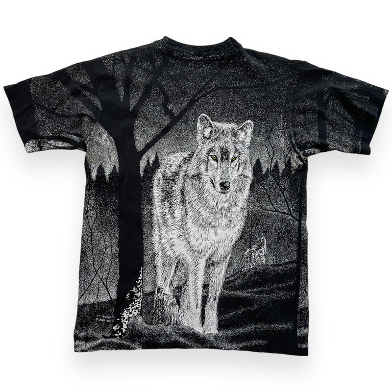 Vintage 90s Wolf Outdoors AOP Double Sided Print T-Shirt Black Size Medium