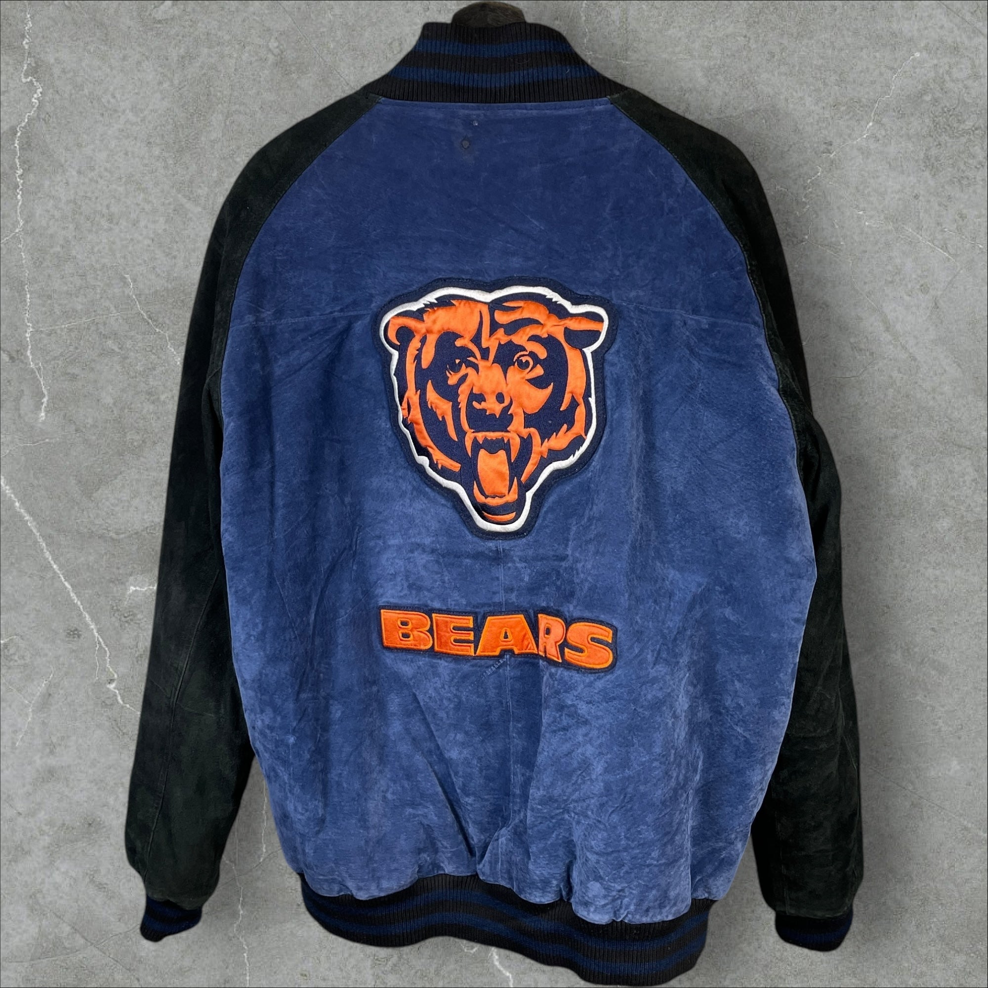 Vintage 90s NFL Chicago Bears Quilted Suede Leather Jacket Blue Size XL