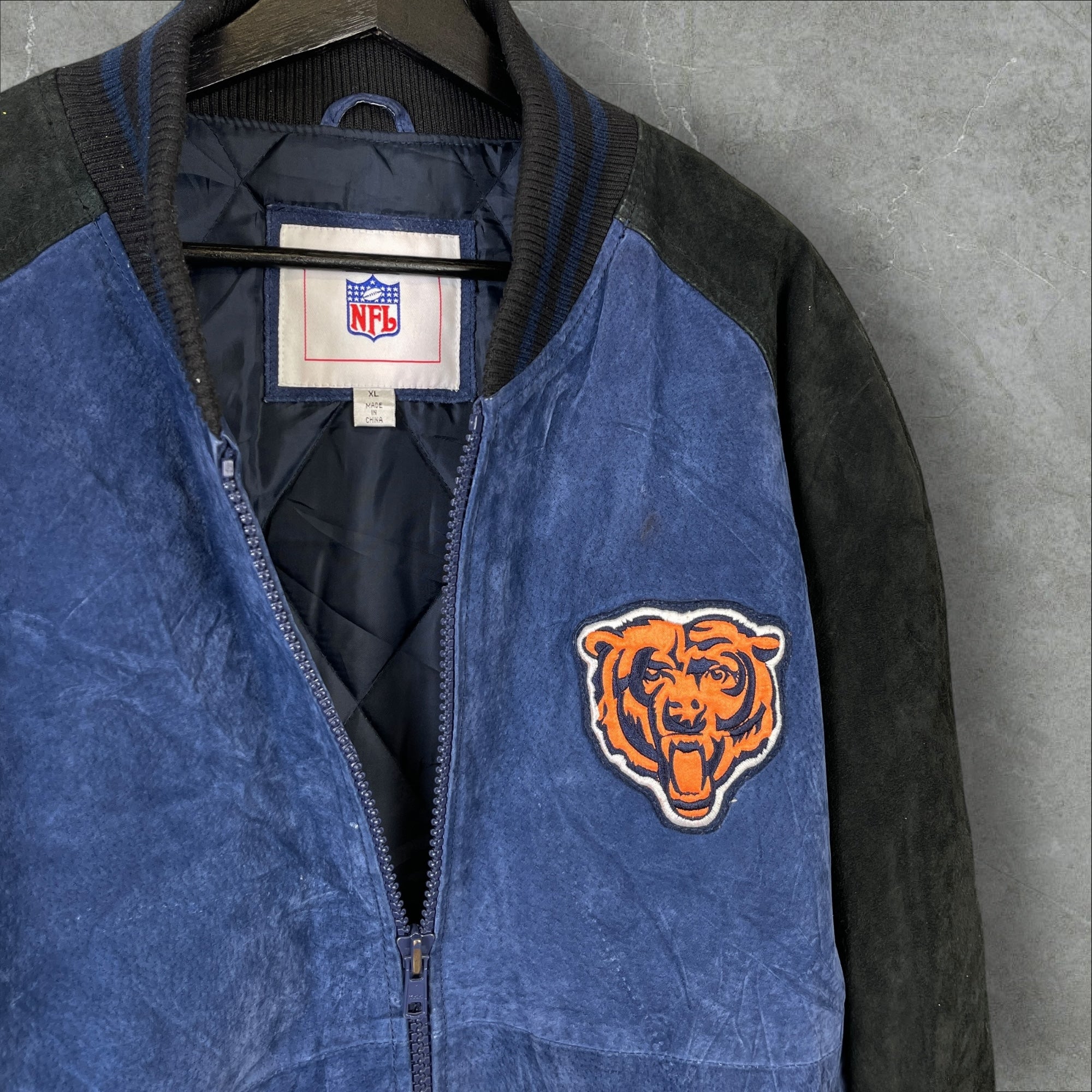 Vintage 90s NFL Chicago Bears Quilted Suede Leather Jacket Blue Size XL