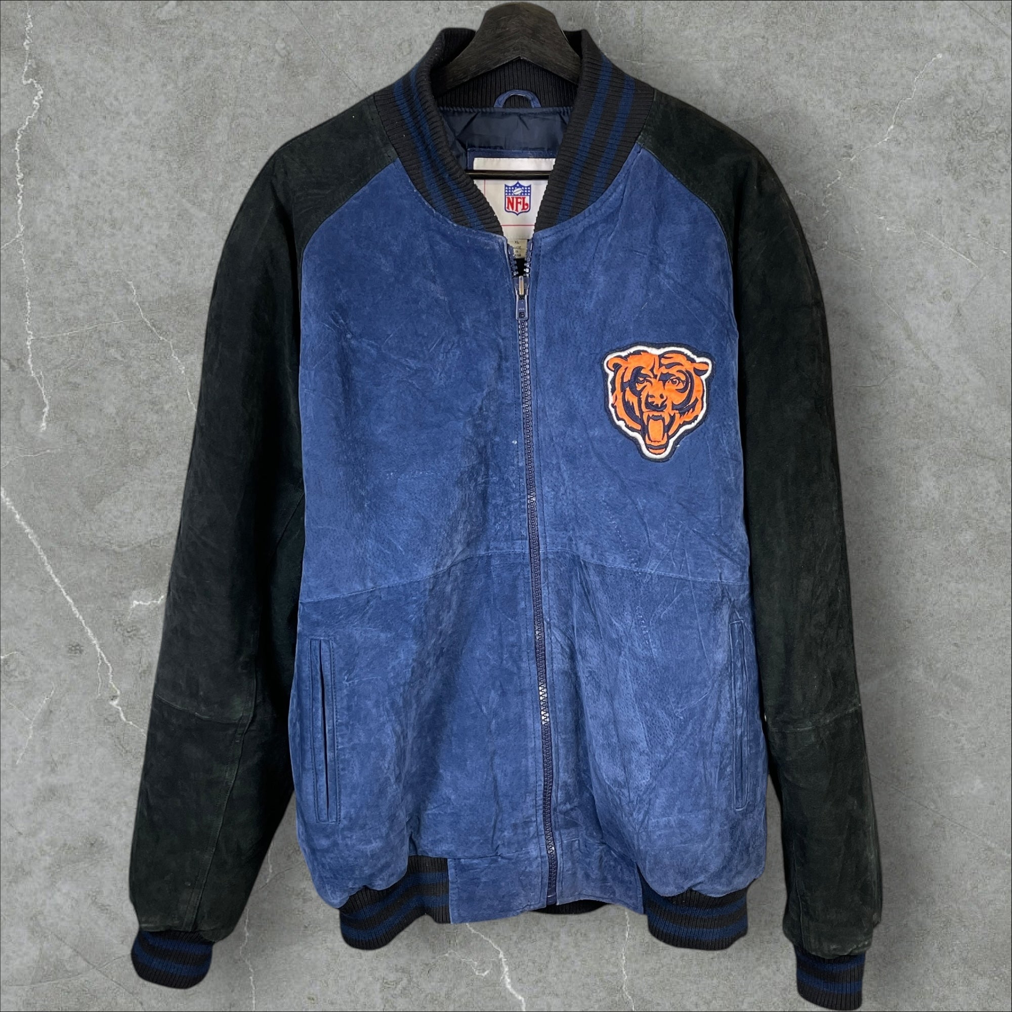 Vintage 90s NFL Chicago Bears Quilted Suede Leather Jacket Blue Size XL