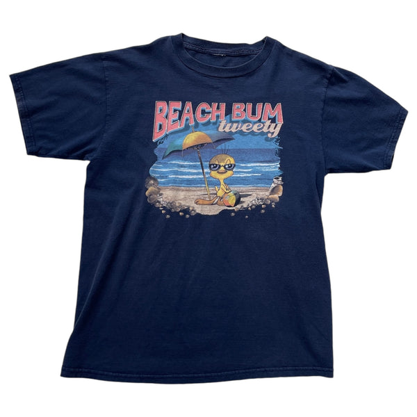 Vintage Looney Tunes Graphic Print Of Tweety Bird 'BEACH BUM Tweety' T-Shirt Navy Blue Size Extra Large